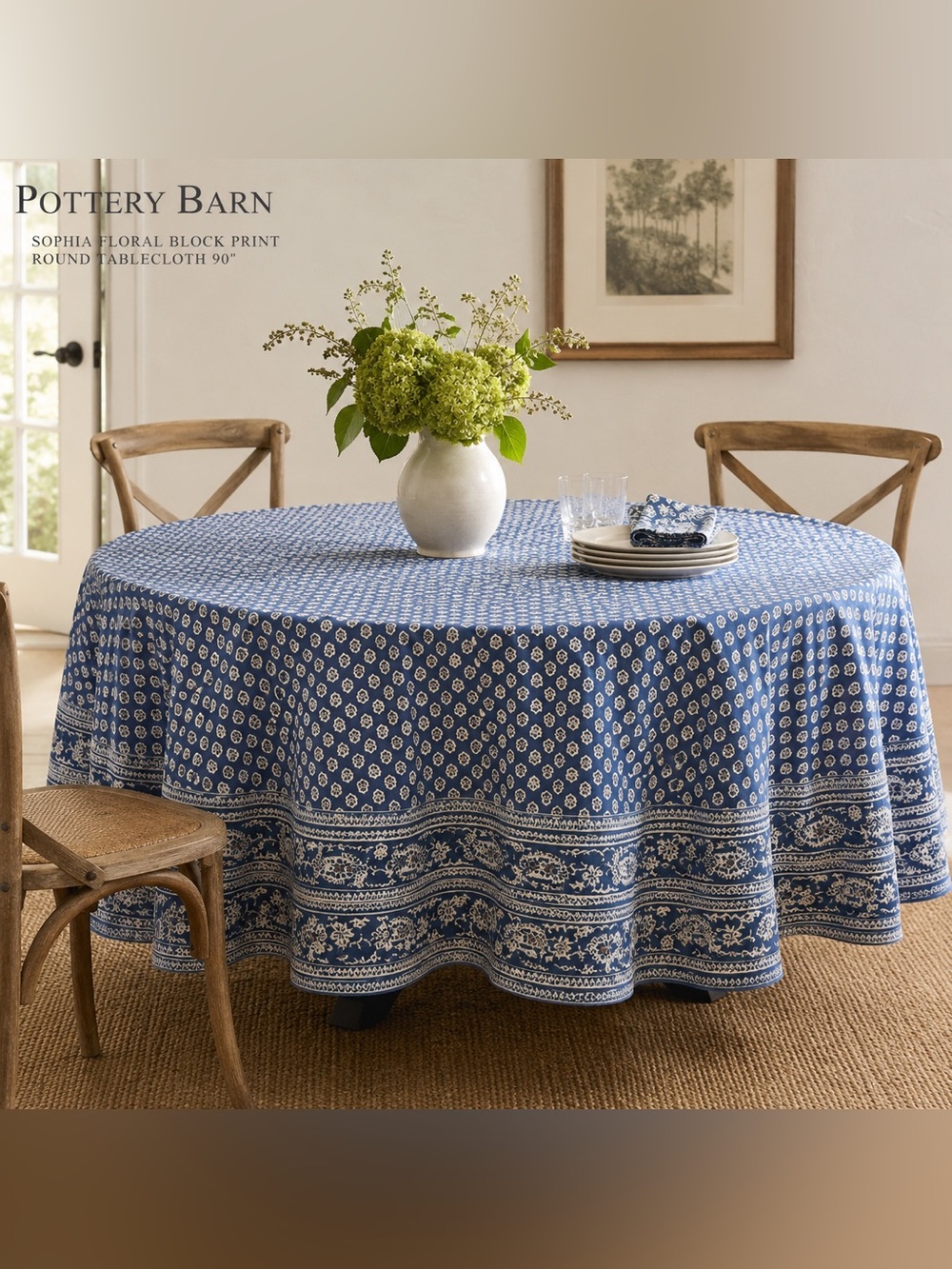 Pottery Barn Navy and White Block-Print Round Tablecloth